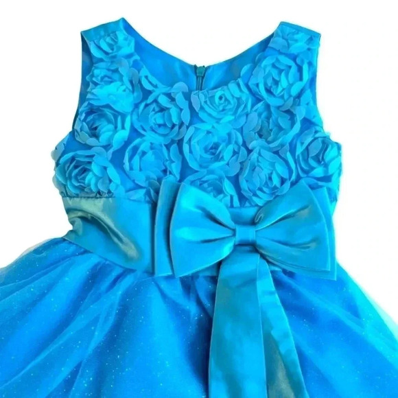 Feiying Girls' Rose Flower Sleeveless Wedding Party Dress with Bow Color Blue 4T - Picture 3 of 4
